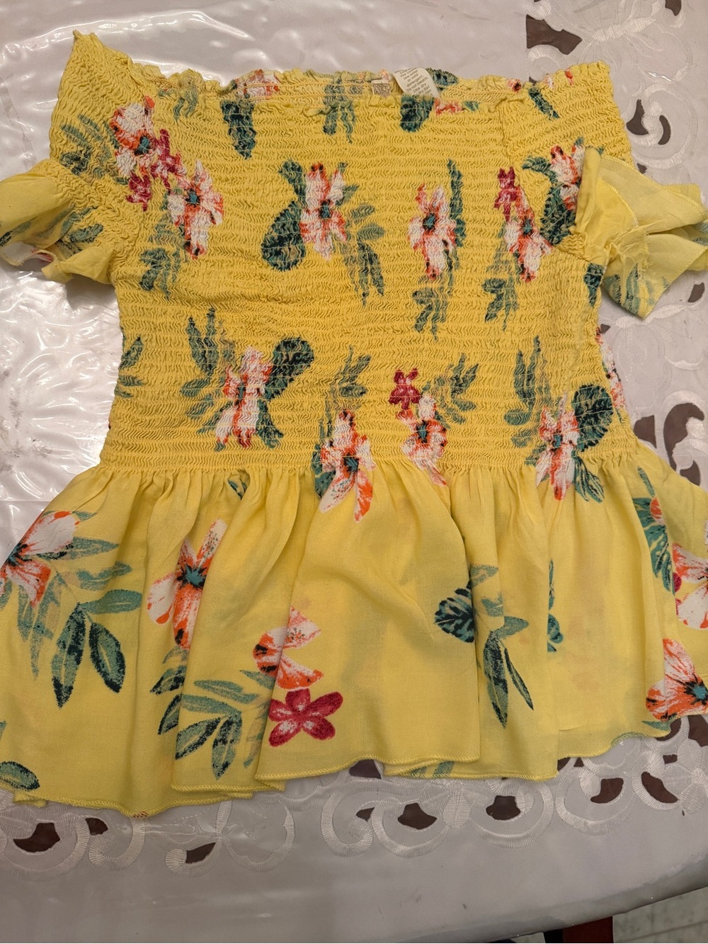 Japna Yellow Floral Smocked Peplum Top